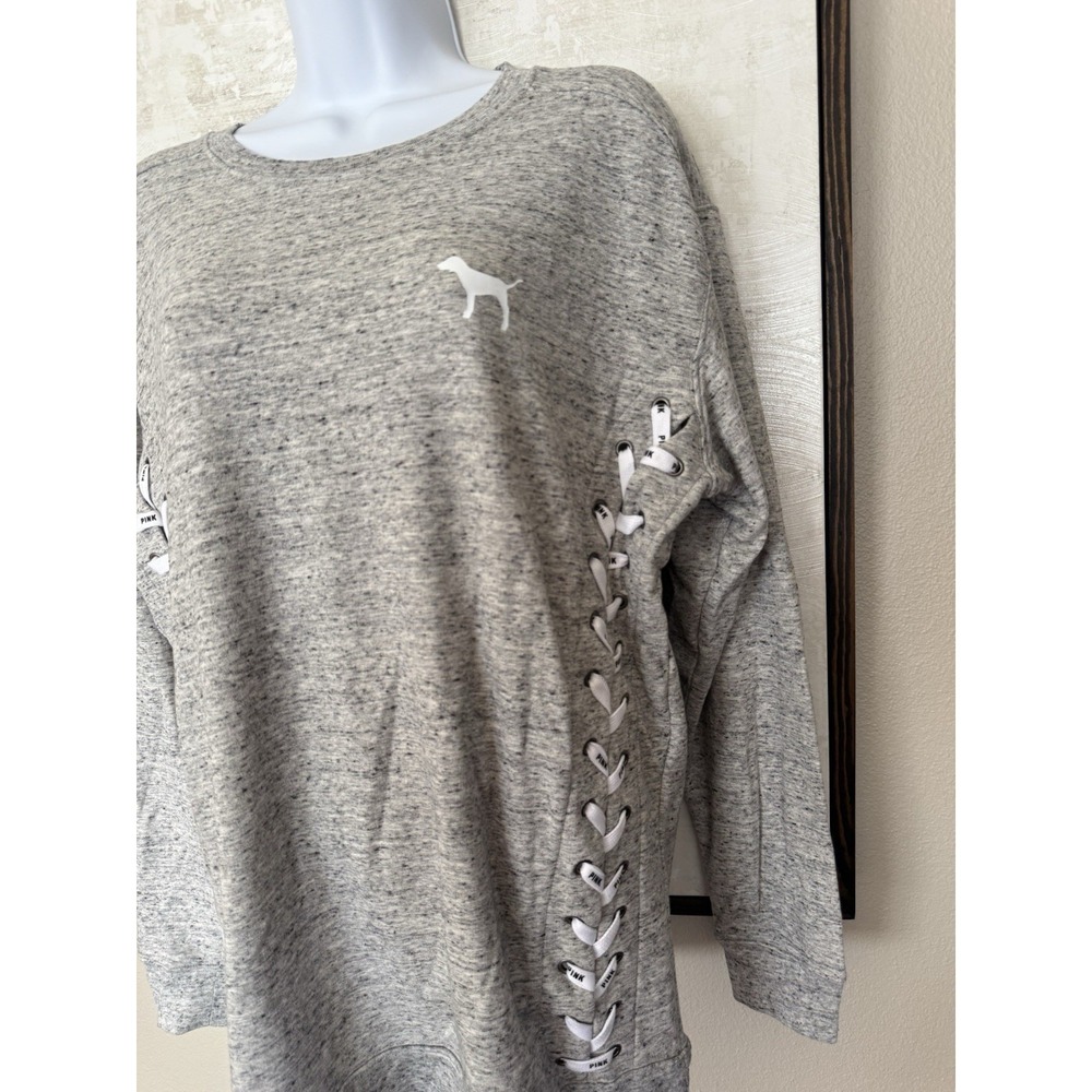 Victoria's Secret PINK Gray Sweatshirt w/Side Laces Size Small Dog Logo NEW TAGS - Picture 2 of 7